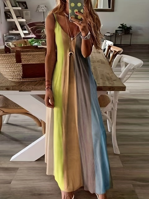 Color Gradient Print Spaghetti Strap Dresses Women Fashion Summer V-neck Beach Vacation Style Long Dress Female A-line Vestidos