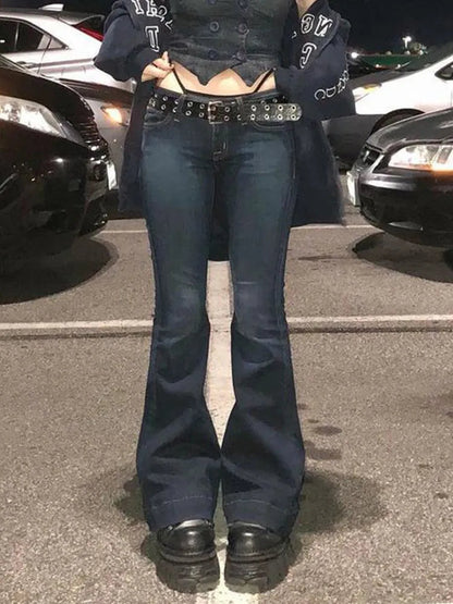 Vaqueros vintage acampanados de tiro bajo con lavado oscuro para mujer | Ideales para el día a día