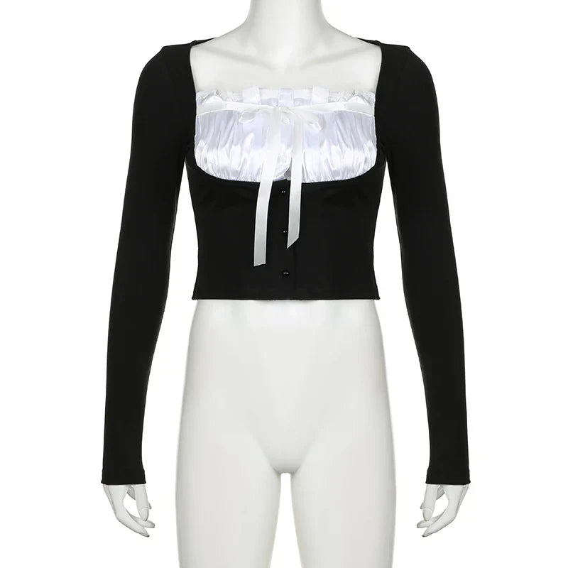 Voguable Sweet Contrast Pleated Satin Patchwork Cropped Top Coquette Slim-fit Knitted T-shirts Fall Y2K Tops Kawaii