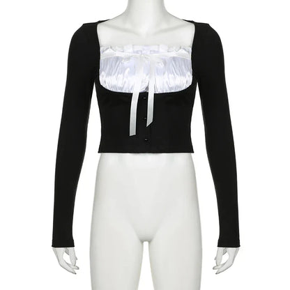 Voguable Sweet Contrast Pleated Satin Patchwork Cropped Top Coquette Slim-fit Knitted T-shirts Fall Y2K Tops Kawaii