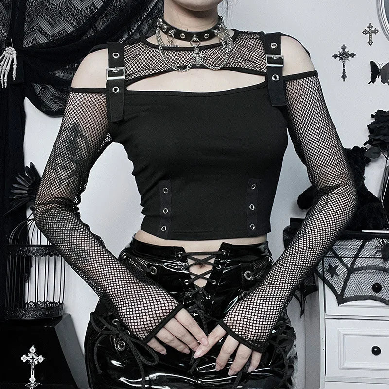 Buckle Detail Crop Mesh Top