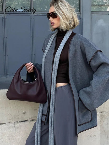 Elegant Patchwork Belt Women’s Coats Women Contrast V-neck Long Sleeve Pocket Female Overcoats  Autumn Lady New in Outwear