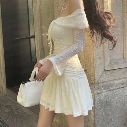 Autumn Elegant Y2K Short Dresses for Women Slash Neck Flare Sleeve Lace-up Halter A-line Slim Waist Korean Fashion Mini Vestidos