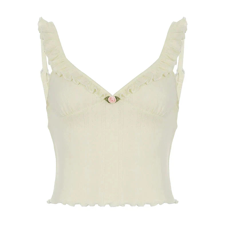 Cute Coquette Ruffles V-neck Crop Top Casual Hollow Out Holes Tees Y2k Aesthetic Vest Holiday Clothing