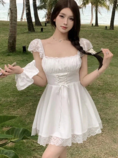 Y2K Lace Princess Party Dress Sexy Spaghetti Strap Square Collar Ruffles A-line Short Dresses for Women Prom Summer Mini Vestido