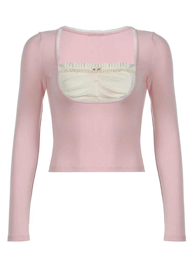 Japanese Kawaii Pink Slim Long Sleeve T-Shirt Women Contrast Patchwork Square Collar Sweet Basic Spring Autumn Top Tees
