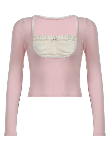 Japanese Kawaii Pink Slim Long Sleeve T-Shirt Women Contrast Patchwork Square Collar Sweet Basic Spring Autumn Top Tees
