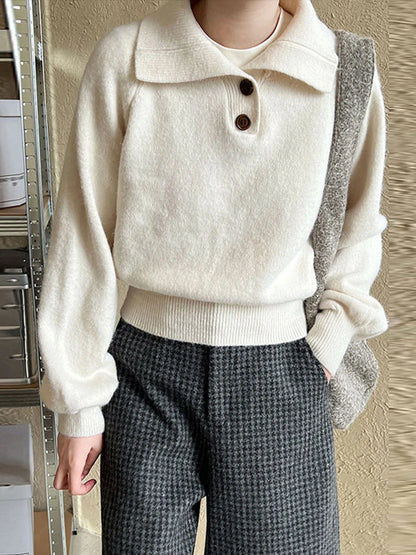 Casual Solid Knitted Lapel Sweaters Women Vintage Loose Button Long Sleeve Pullover Sweater Female Autumn Elegant Chic Base Tops