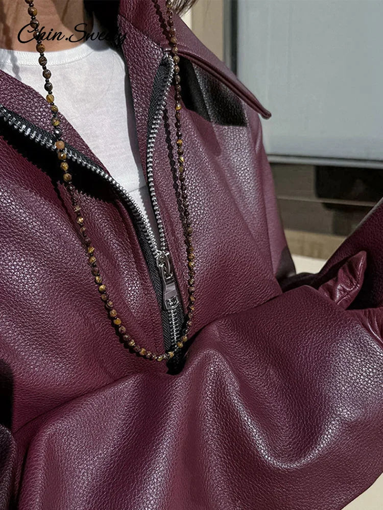 Fashion Lapel Leather Bomber Jacket Women Loose Zipper Long Sleeves Locomotive Coat  Autumn New Lady High Street Outerwear
