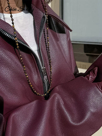 Fashion Lapel Leather Bomber Jacket Women Loose Zipper Long Sleeves Locomotive Coat  Autumn New Lady High Street Outerwear
