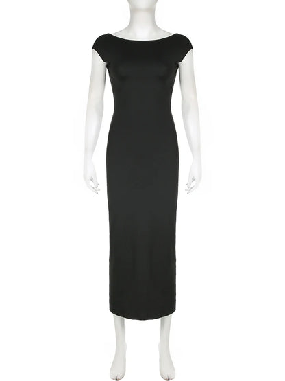 Solid Backless Skinny Sexy Short Sleeve Long Dress Women Elegant Fashion Summer Vacation Outfits