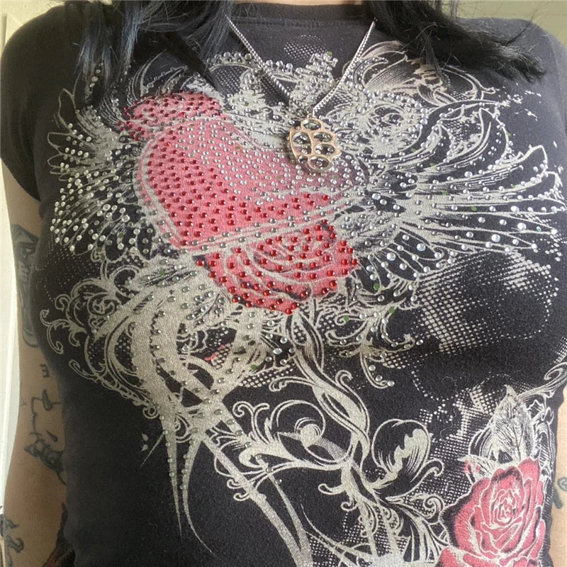 Cyber y2k Tops Cybercore Clothing Rhinestone Cross Print Short Sleeve Baby Tee 2000s Aesthetic T Shirt Streetwear