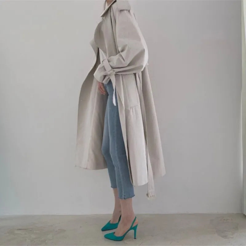Women Long Trench Coat New Spring Autumn Casual Lapel Double Breasted with Belt Loose Coat Office Lady Korean Fashion Outerwear