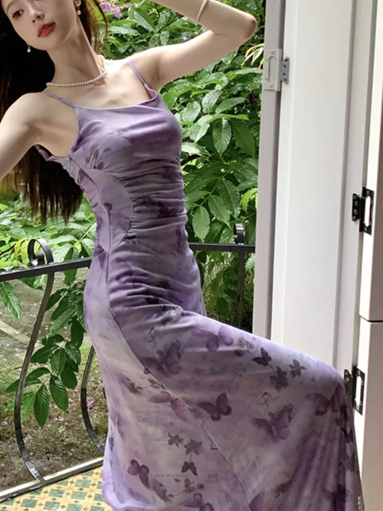 Sexy Printed Long Dresses for Women Mesh Spaghetti Strap Slim A-line Party Dress Summer Korean Fashion One Piece Vestido Mujer