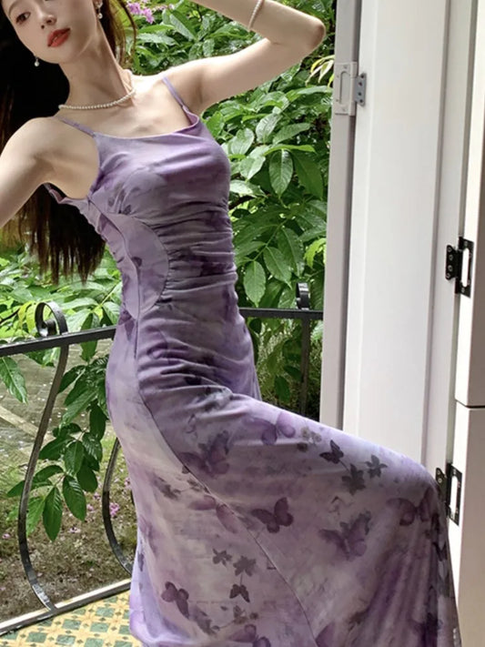 Sexy Printed Long Dresses for Women Mesh Spaghetti Strap Slim A-line Party Dress Summer Korean Fashion One Piece Vestido Mujer