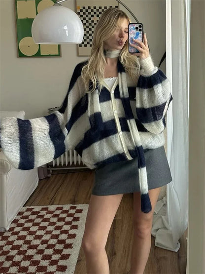 V-Neck Scarf Sweater Cardigan Female Contrast Casual Patchwork Autumn Hollow Out Outwear Women’s Knitwear Coat Cardigan