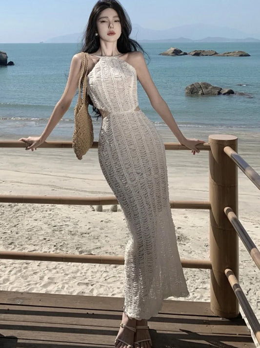 Sexy Knitting Backless Bodycon Dresses for Women Halter Slim Party Dress Sleeveless Korean Fashion Holiday Style Vestidos Mujer