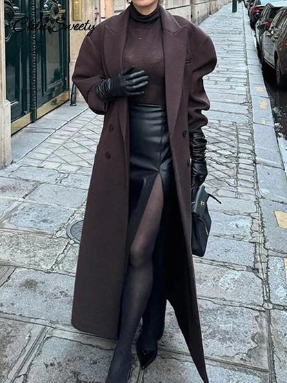 Elegant Lapel Pocket Woolen Long Trench Coat Women Fashion Full Sleeve Loose Overcoat  Autumn Winter Lady Commute Outwear