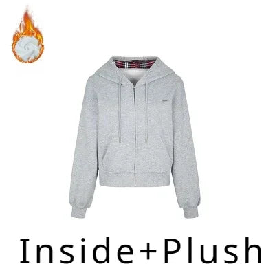 TAVIMART  -  Vintage Plaid Patchwork Hoodies Women Gray 90s Retro Sweatshirt with Zipper Oversized Streetwear Autumn Winter Clothes