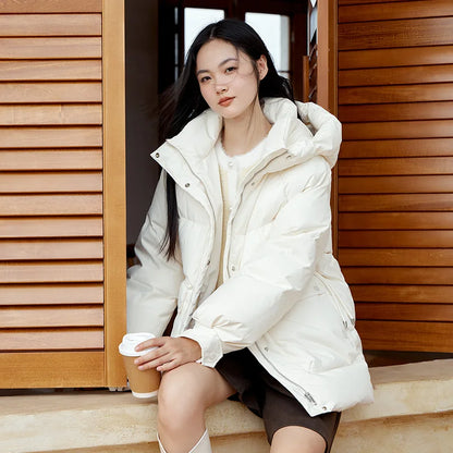 Down Jacket Women Mid-Length Loose Raglan Sleeve Simple Warm Winter Three-Defense Hooded Coat