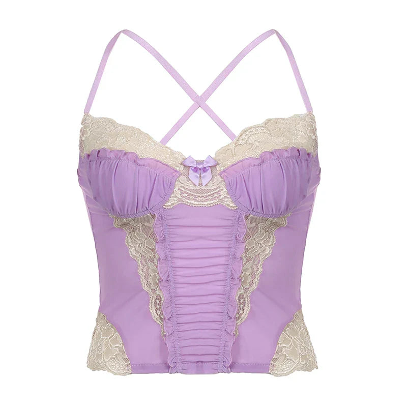 Voguable  y2k Lace Patchwork Purple Coquette Mesh Corset Backless Criss-cross Halter Camis Sweet Aesthetic Crop Top