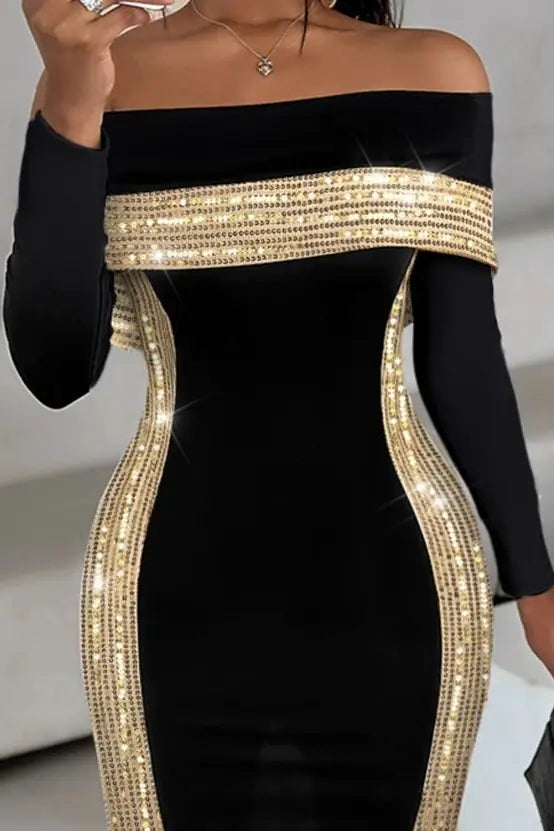 Sequin Off Shoulder Midi Dress with Slit