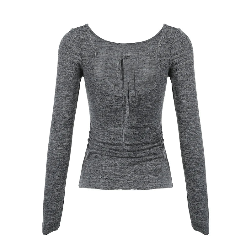 Causal Fashion Backless O-Neck Blouses Women Long Sleeve Simple Slim All-Match s Women Trendy Clothes