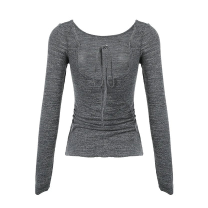 Causal Fashion Backless O-Neck Blouses Women Long Sleeve Simple Slim All-Match s Women Trendy Clothes
