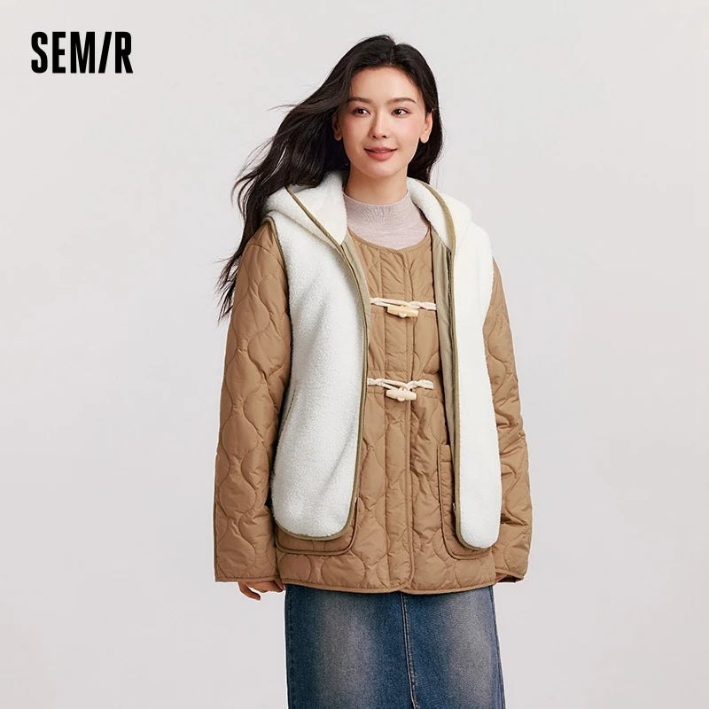 Cotton Jacket Women Imitation Lamb Wool Vest Waterproof Lightweight Cotton Jacket  Winter New Two-Piece Set