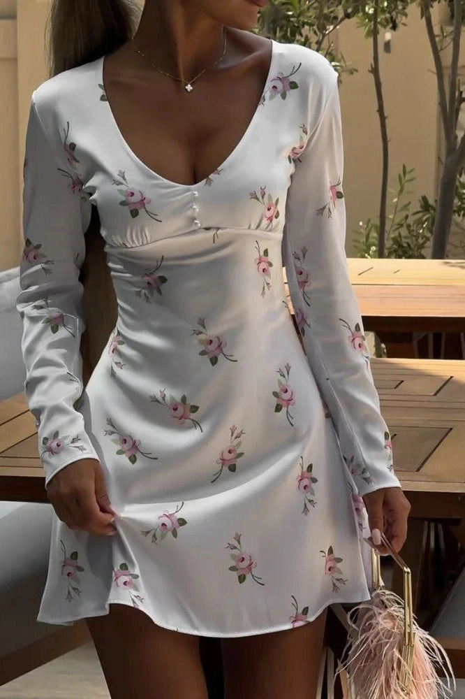 Printed Slim V-Neck Mini Dress with Long Sleeves and High Waist