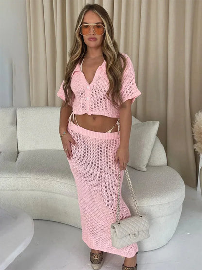Knit Hollow Out 2 Piece-Set Long Skirt Women&#8217;s Cropped Top Cardigan And High Waist Maxi Skirt Outfits Female Clothes