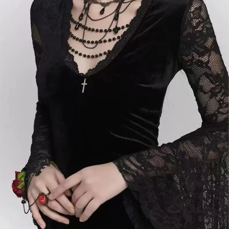 Gothic Black Midi Dresses Women V-neck Irregular Flrae Sleeve Y2k Vintage Lace Bandage Dark Style Harajuku Fashion Clothing New