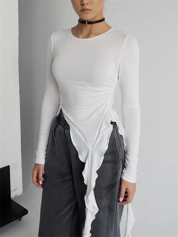 White Knit Slim T-shirt Pullover Female Ruffled Patchwork See-Through Long Sleeve Y2k Sexy Inner Top Women’s Knitwear Tee