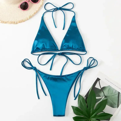 Bikini Satin Silk Swimsuit Women Swimwear Push Up Set Brazilian Bathing Suit Summer Two Pieces Self-tie Beach Wear Swimsuit