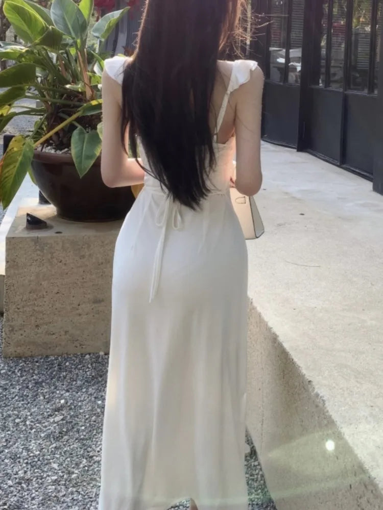 Spaghetti Strap Knitted Dresses for Women Lace-up Slim Solid Square Collar Elegant Sexy Korean Fashion Vestidos Mujer New