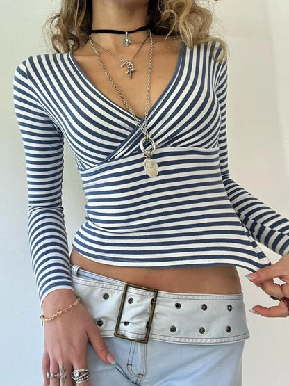 Cross V Neck Blue White Stripe Y2K Tee Skinny Basic Long Sleeve Spring Autumn T Shirt Women