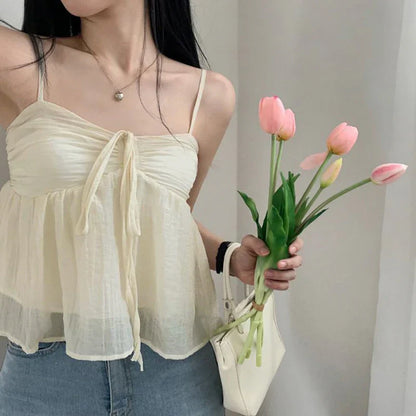 Voguable  Korean Style Sweet Fluffy Camis A-line Lace-up Double Layers Crop Top Y2K Aesthetic Tank Tops Holiday Cute Vest Women