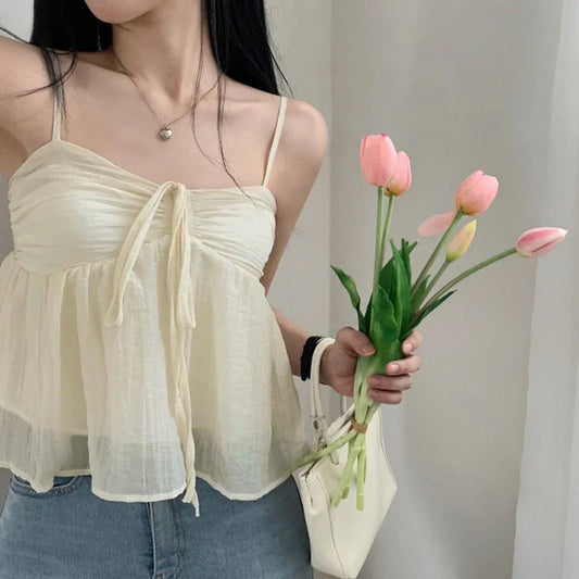 Voguable  Korean Style Sweet Fluffy Camis A-line Lace-up Double Layers Crop Top Y2K Aesthetic Tank Tops Holiday Cute Vest Women