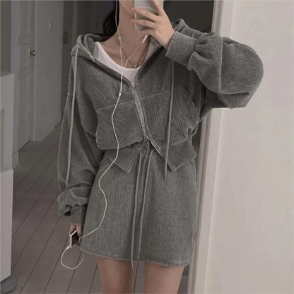 Korean CHic Corduroy Two-piece Skirt Sets Women Hoodie Crop Top Coats Bodycon Mini Skirt Autumn Winter New Outfits Casual Suit