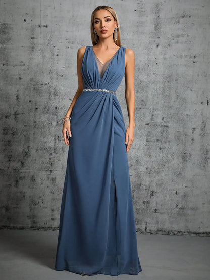 Shoulder deep V-neck silver sequin belt pleated chiffon slit skirt Evening gown Ball dress Party dress Bridesmaid dress