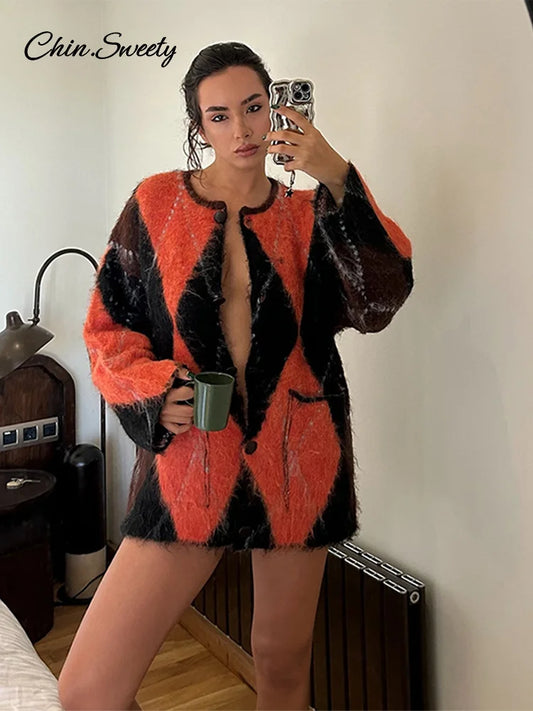 Mohair O-neck Contrast Color Knit Sweater Women Geometry Print Long Sleeve Loose Single-breasted Knitwear Lady All-match Top _