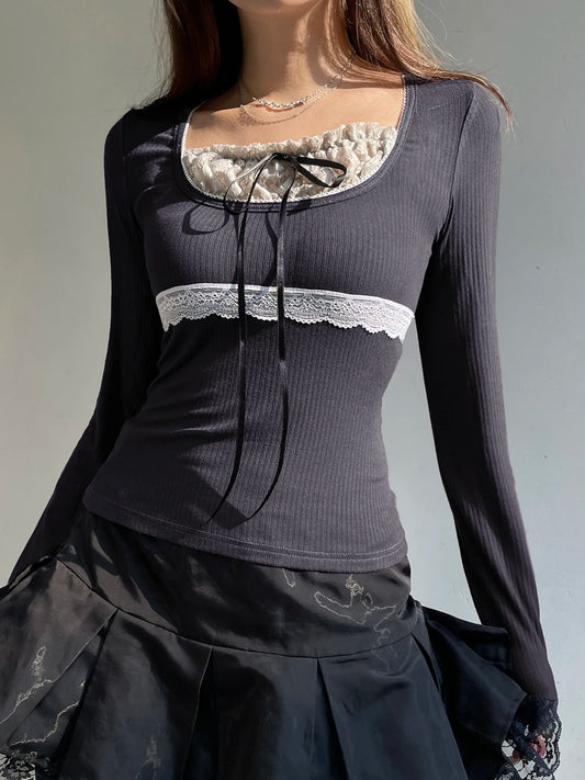 Contrast Color Patchwork Lace Trim Balletcore Y2K Gray T-Shirt Women Japanese Kawaii Slim Basic Long Sleeve Cute Lace-Up Tee