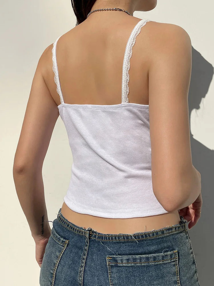 Button Up Lace Square Collar Slim White Camisole Women Y2K Basic Casual Cute Crop Top