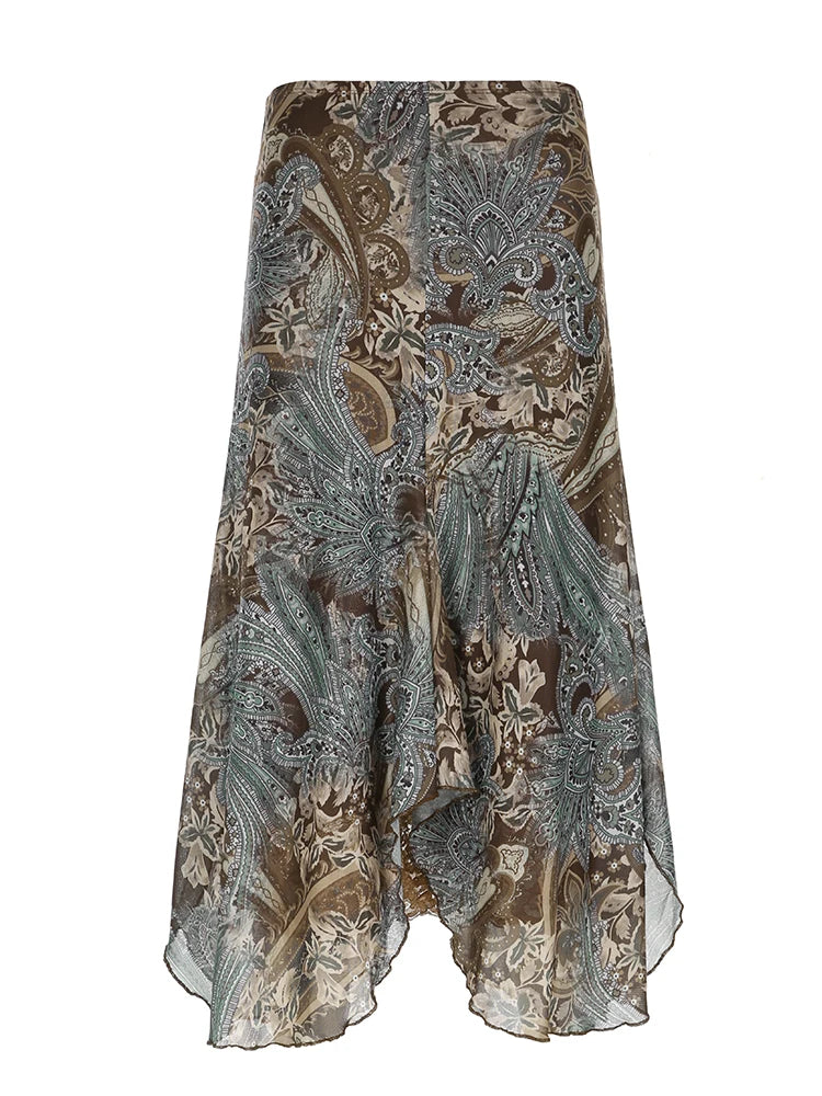 Vintage Aesthetic Floral Print Asymmetrical Skirts Women Boho Vacation Lace Two Layers Mesh Long Skirt Y2K