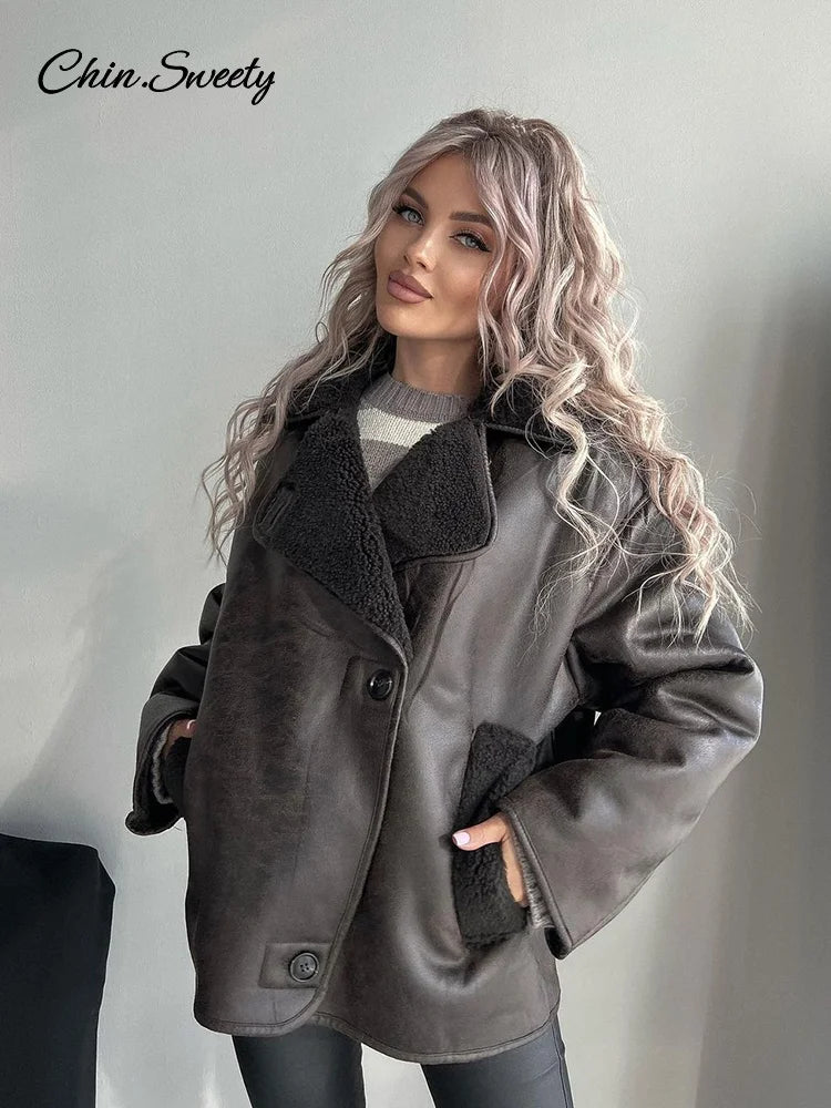 Vintage Women’s Leather Jacket Loose Thick Warm Lapel Single Breasted Long Sleeve Fleece Jacket  Fall Winter Street Outwear