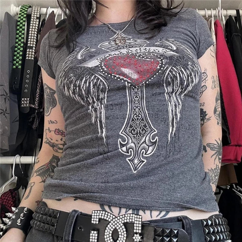 Cyber y2k Tops Cybercore Clothing Rhinestone Cross Print Short Sleeve Baby Tee 2000s Aesthetic T Shirt Streetwear