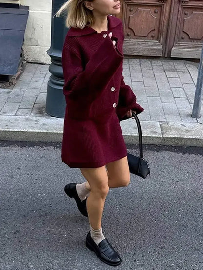 fashion Lapel Single Breasted Knitted pullover Set women chic Long Pagoda Sleeve Short Skirt suit Lady Fall Two Piece Outfits
