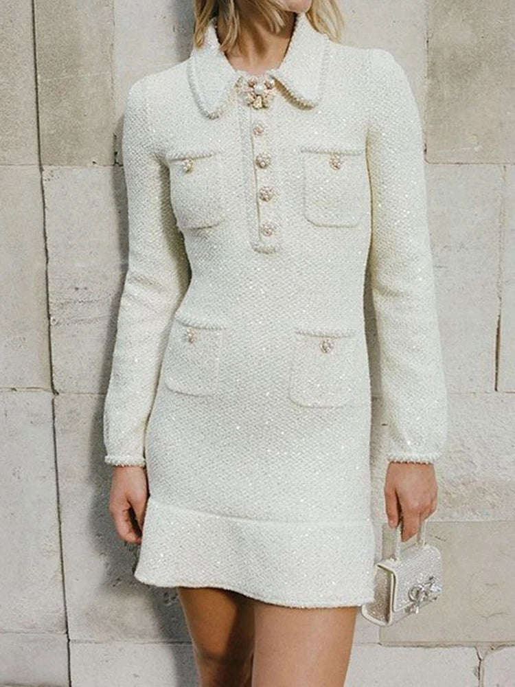 Elegant Short Dress European Style Tweed Lapel Beading Button Long Sleeve Fashion Dresses For Women 2025 Spring Summer 9896