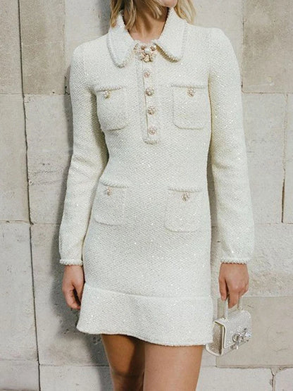 Elegant Short Dress European Style Tweed Lapel Beading Button Long Sleeve Fashion Dresses For Women 2025 Spring Summer 9896