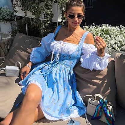 Puff Sleeve Suspender Dress Women Fake Two Pieces Flower Strapless Ruffles Splice Long Sleeve Lace Up Party Dress Summer